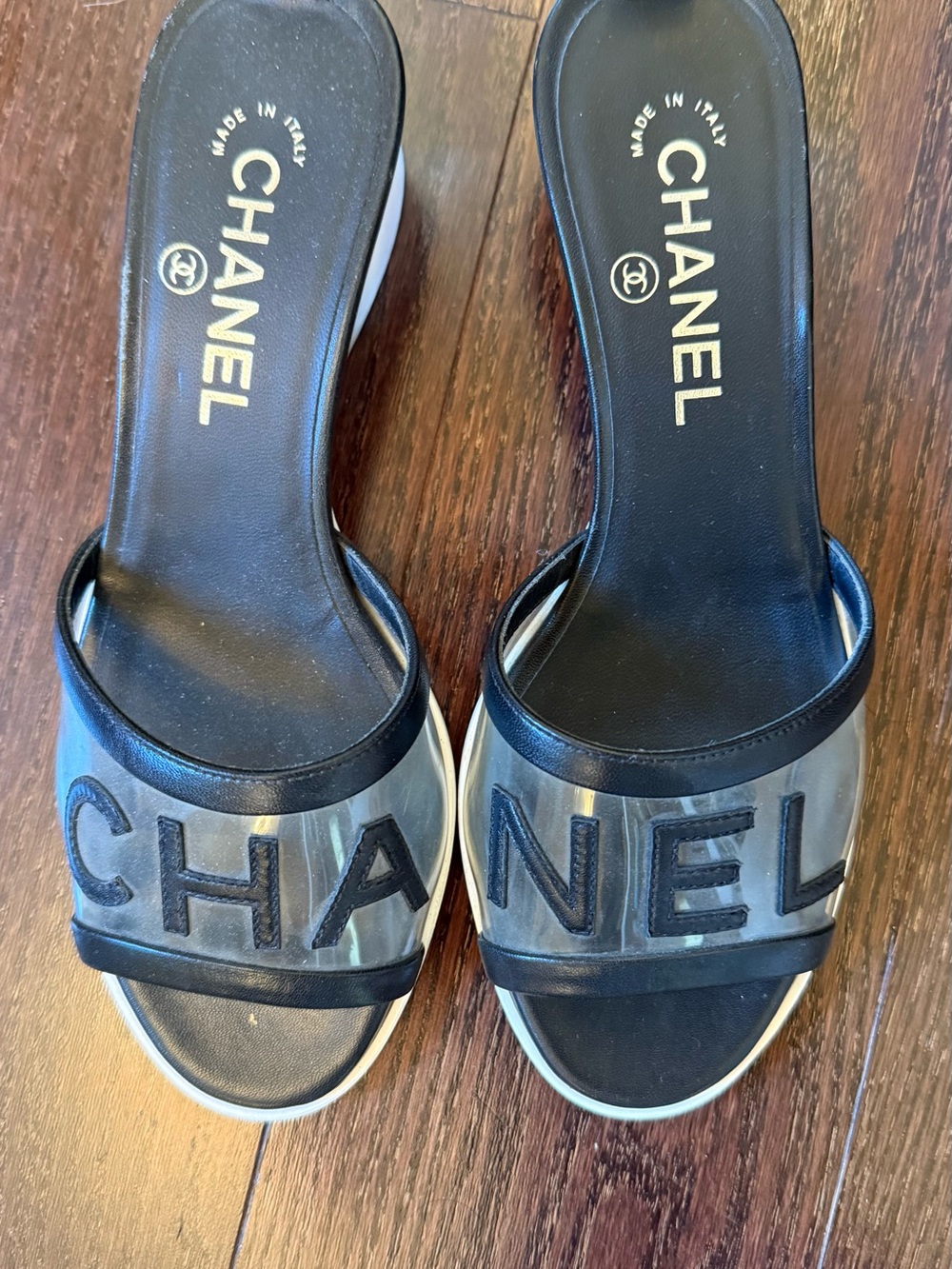 CHANEL Black & Clear Logo Slide Mules